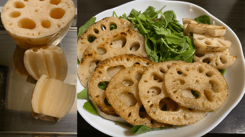 らでぃっしゅぼーやお試しセットのれんこんの切った断面と調理後の盛り付け