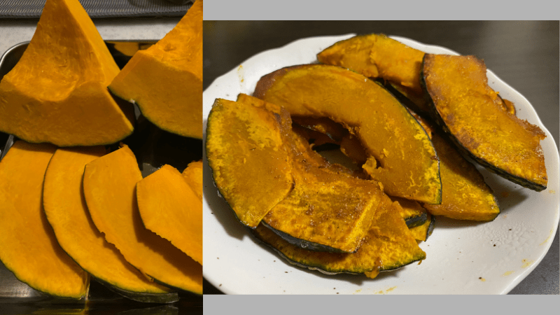 らでぃっしゅぼーやお試しセットのカボチャを切った断面と調理後の盛り付け