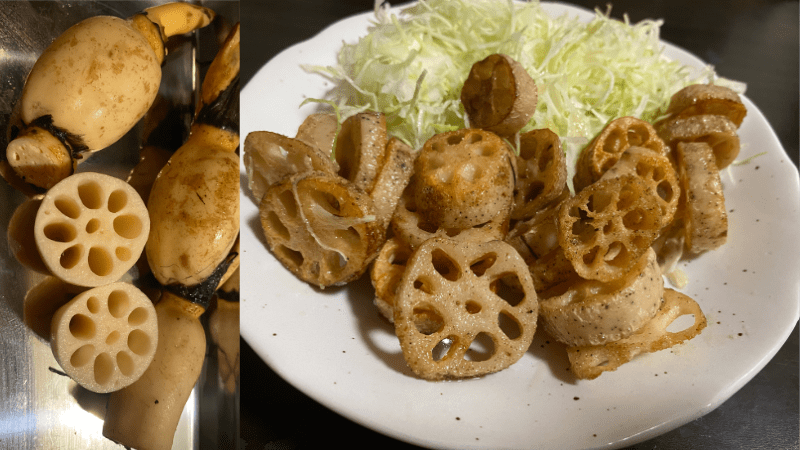 らでぃっしゅぼーやのお試しセットの小鬼れんこんの切った断面と調理した盛り付け