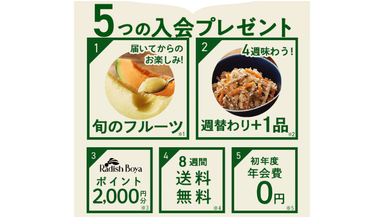 らでぃっしゅぼーやの定期宅配コース特典　合計8000円相当の5つの入会特典プレゼント