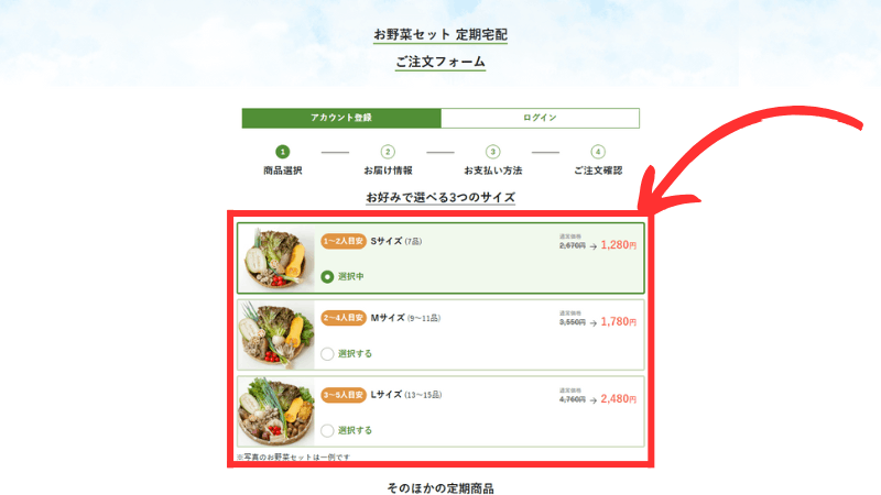 坂ノ途中の定期宅配を注文するときのサイズ選択をする項目