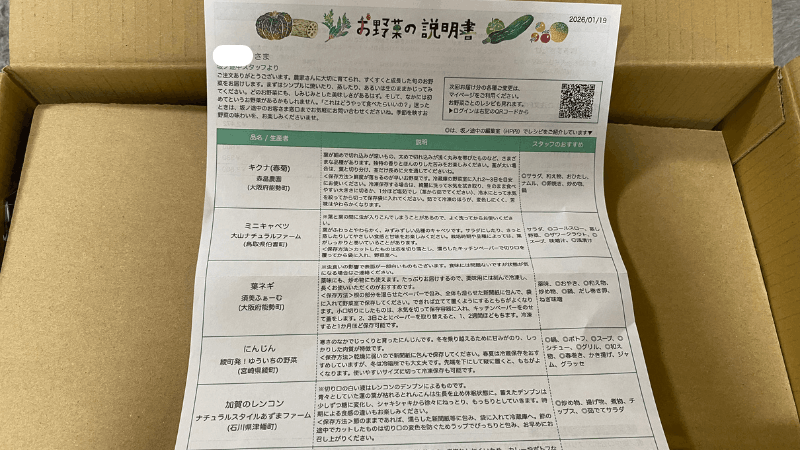 坂ノ途中のについてくるお野菜の説明書