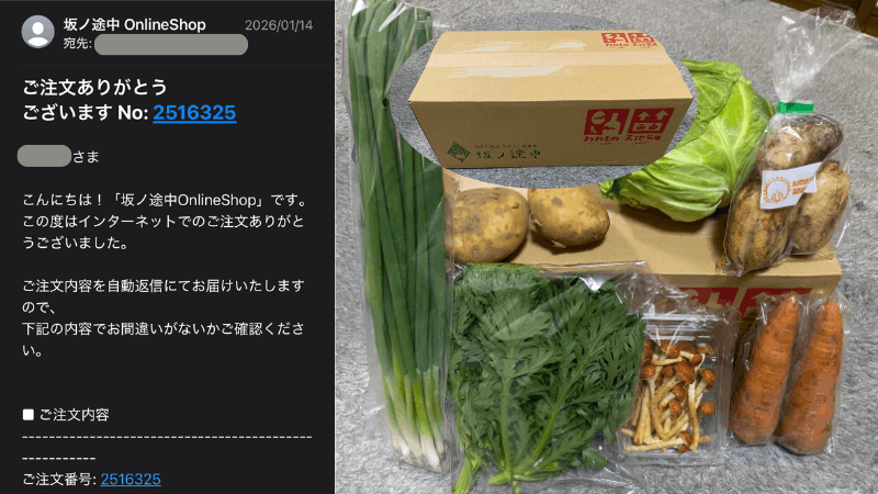 坂ノ途中の旬の野菜セットを注文完了したメールと実際に届いた段ボールと野菜たち