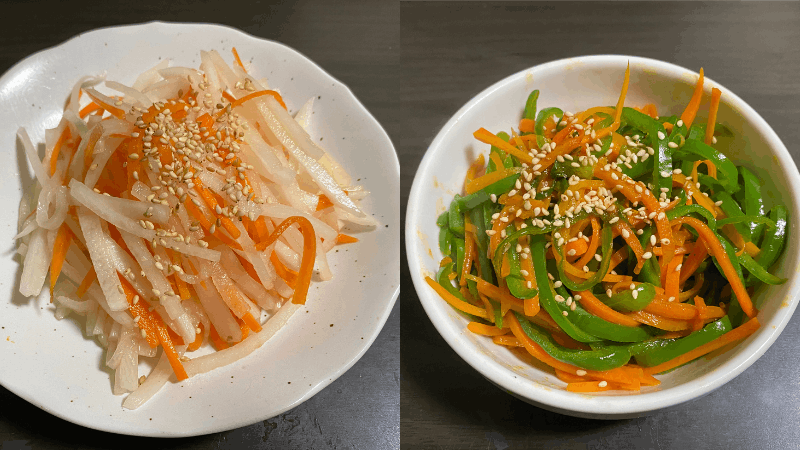 ビオマルシェのにんじんを使って作った「大根とにんじんのなます」と「ピーマンとにんじんのナムル」