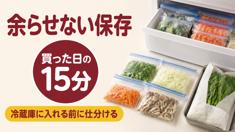 小分けにした野菜のジッパー袋と冷凍庫の引き出しを写し、買った日の15分で仕分ければ野菜を余らせずに保存できると示した図解
