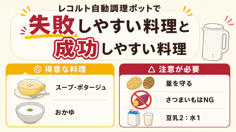 レコルト自動調理ポットが得意なスープ・ポタージュとおかゆ、注意が必要なじゃがいも、調理できないさつまいも、豆乳2対水1の割合を左右に分けて比較した図解