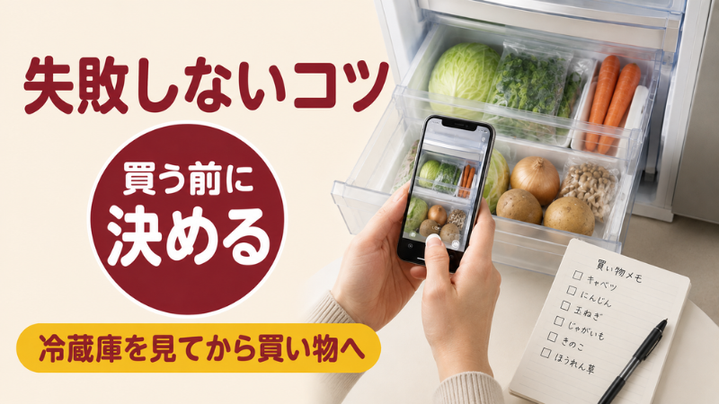 冷蔵庫の野菜室をスマホで撮影する手と買い物メモを写し、買う前に決めておくことが野菜の買い方で失敗しないコツだと示した図解