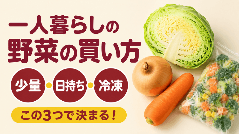1/4カットのキャベツと玉ねぎ、にんじん、冷凍野菜の袋を並べ、一人暮らしの野菜の買い方は少量と日持ちと冷凍の3つで決まると示した図解