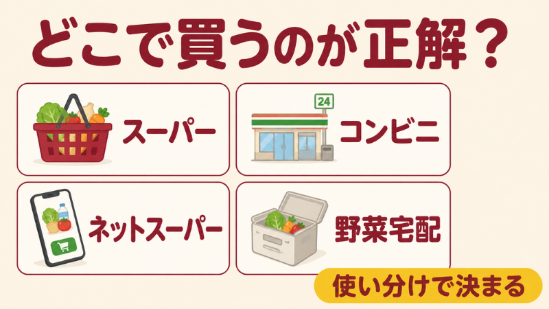 スーパーとコンビニ、ネットスーパー、野菜宅配の4つをアイコン付きで並べ、一人暮らしの野菜はどこで買うかを使い分けで決めると示した比較図