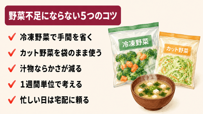 一人暮らしで野菜不足にならないための5つのコツをまとめた図解