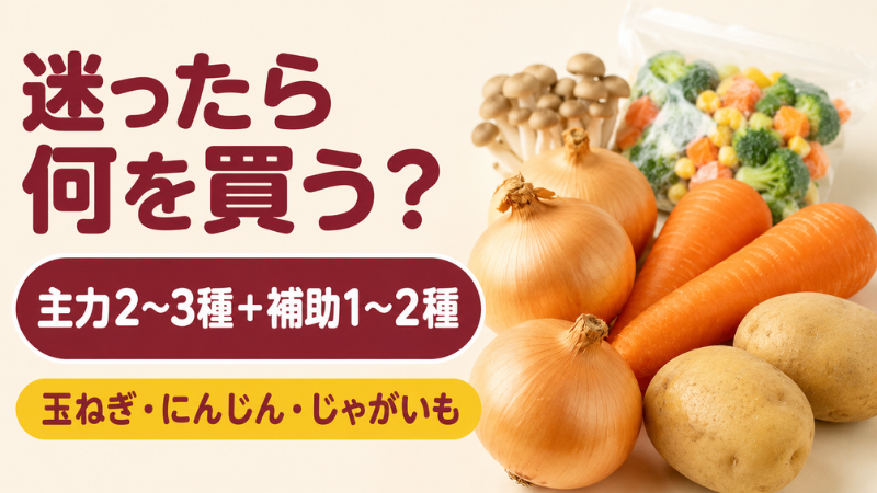 玉ねぎとにんじん、じゃがいもを手前に、きのこと冷凍野菜を奥に並べ、迷ったときは主力2〜3種と補助1〜2種を選べばよいと示した図解