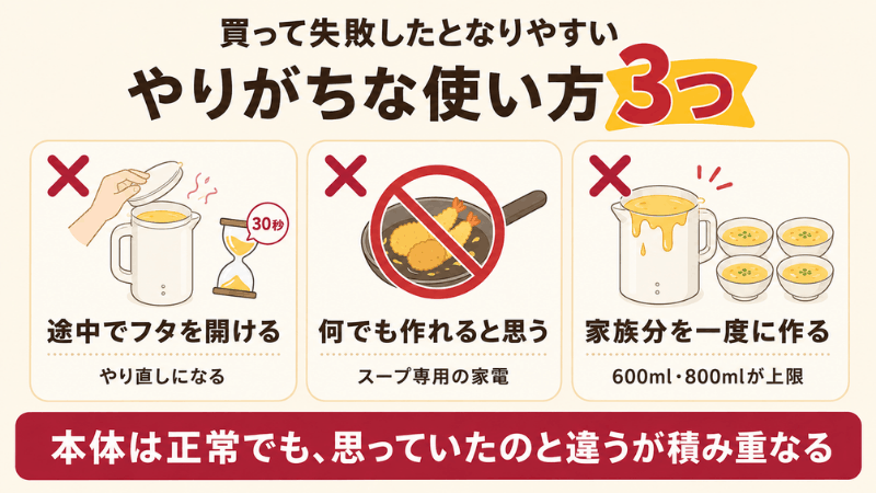 レコルト自動調理ポットで買って失敗しやすい使い方3つの図解。途中でフタを開ける、何でも作れると思う、家族分を一度に作るの3つに×印を付けて示している