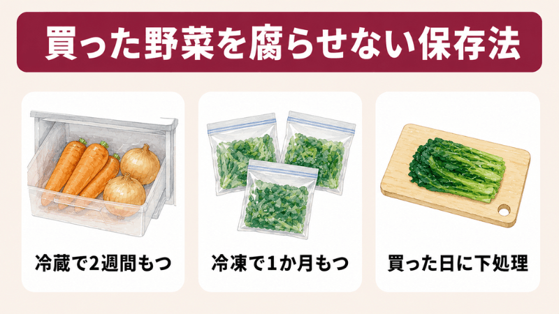 買った野菜を腐らせない冷蔵と冷凍と当日下処理の保存方法を示す図解